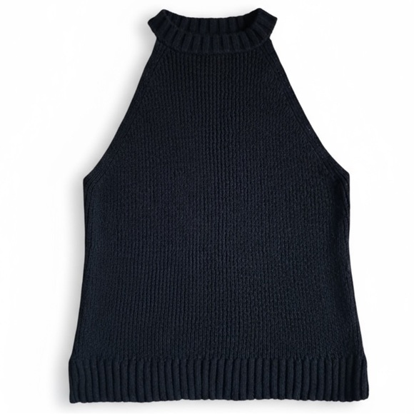 New J. Crew Point Sur Black Ribbed Halter Knit Tank Top 100% Cotton Sleeveless L - Picture 3 of 5